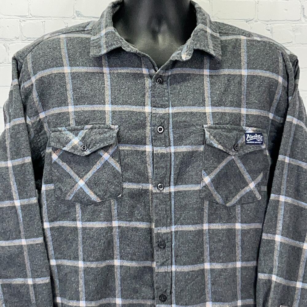 ACE USA Alaska Bay Outfitters Flannel Button Front Shirt XL X-Large Gray Plaid